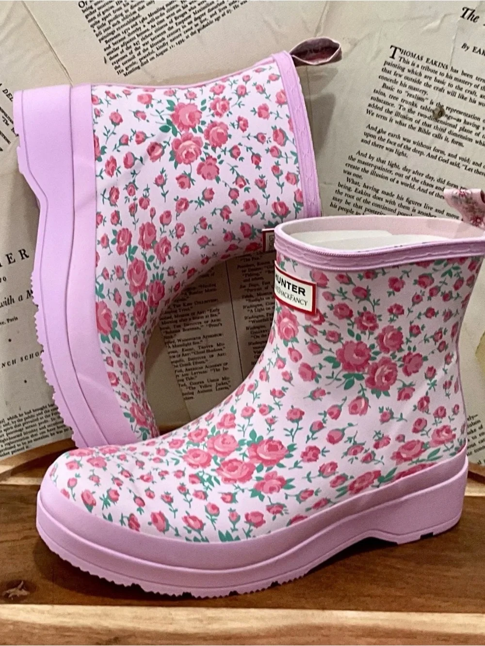 Free People Hunter LoveShackFancy Play Short Rain Boot Light Pink Roses